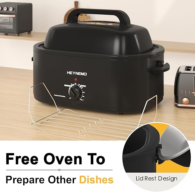 28 Quart Electric Roaster Oven with Visible & Self-Basting Lid, Large Turkey Roaster with Defrost Warm Function, Adjustable Temperature, Removable Pan Rack, Stainless Steel, Black