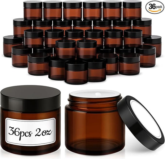 2 oz Glass Jars with Lids, 36 Pack Amber Small Glass Jars with Black Lids Leakproof Round Airtight Empty Cosmetic Travel Containers with Inner Liners For Lotions Powders and Candle Making