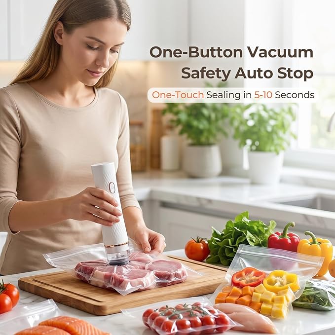Handheld Vacuum Sealer for Food (Vacuum Sealer + 30 Reusable Bags) – Powerful Compact Food Sealer, Portable Vacuum Sealer for Kitchen, 10X Fresh Logner Seal Meal Saver