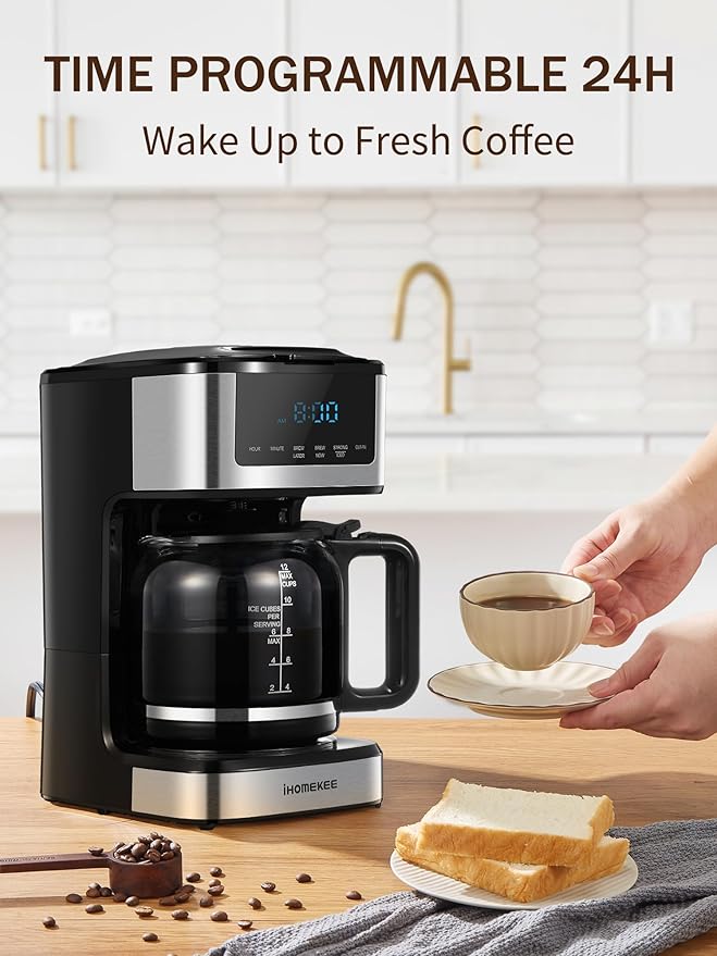 Ihomekee Coffee Maker, Programmable Drip Coffee Maker 12 Cup, Regular & Strong Brew Drip Coffee Machine with Iced Coffee Function for Home and Office, Black & Stainless Steel (Black,Silver)