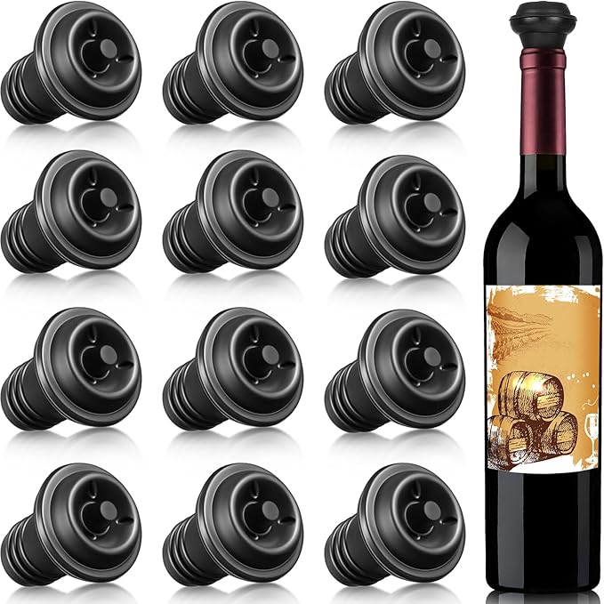 Honoson 12 Pieces Wine Stopper Resealable Pump Vacuum Silicone Saver Practical for Kitchen Supplies Bottle Tools (Black)