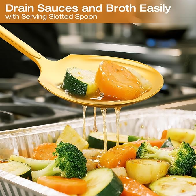 Extra Large Serving Spoons Set 11.7-Inch Gold Serving Slotted Spoon and Serving Spoon 18/8 Stainless Steel Big Serving Utensil for Buffet, Parties, Catering - Dishwasher Safe(2-Pack, Gold)