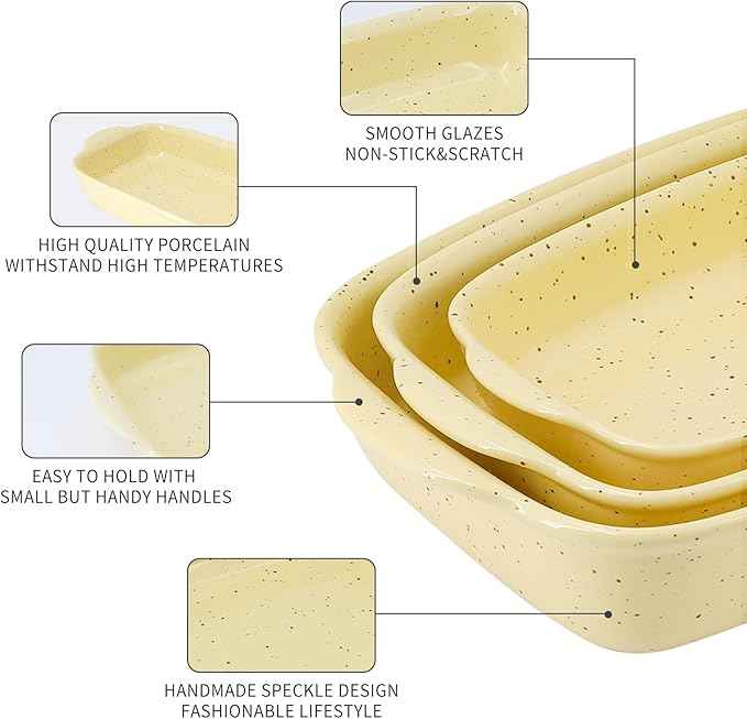 Casserole Dish Set of 3,Lasagna Pan,Ceramic Bakeware for Oven,Rectangular Baking Dishes with Handles,High Heat Resistant,Colorful Speckle Stoneware Series (13.8''/12''/9.6''Yellow)