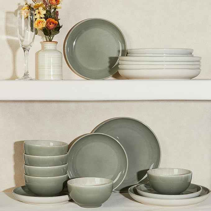 Stoneware Dinnerware Sets, Ceramic Plates and Bowls Set, Microwave & Dishwasher Safe Kitchen Dish Set, Modern Dinner Salad Plates | Cereal Bowls for 4, Dishware Sets Gray Green