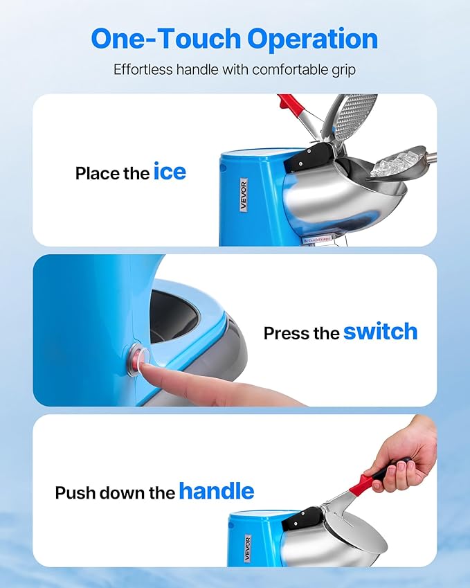 VEVOR Ice Crusher Machine, 220lbs Per Hour Electric 4 Blades Snow Cone Maker, Stainless Steel Shaved Ice Machine with Bowl and Cover, 300W 1400RPM Ice-Shaver for Home and Commercial Use, Blue