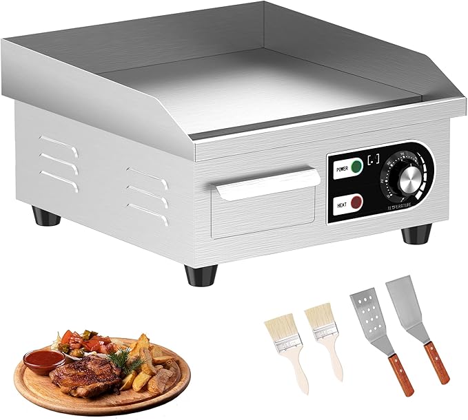 14’’ Commercial Electric Griddle - Electric Cast Iron Griddle w/Stainless Steel Material and Non-Stick, 110V Commercial Griddle w/ 1/2" Thick Iron Cooking Plate for Indoor and Restaurant