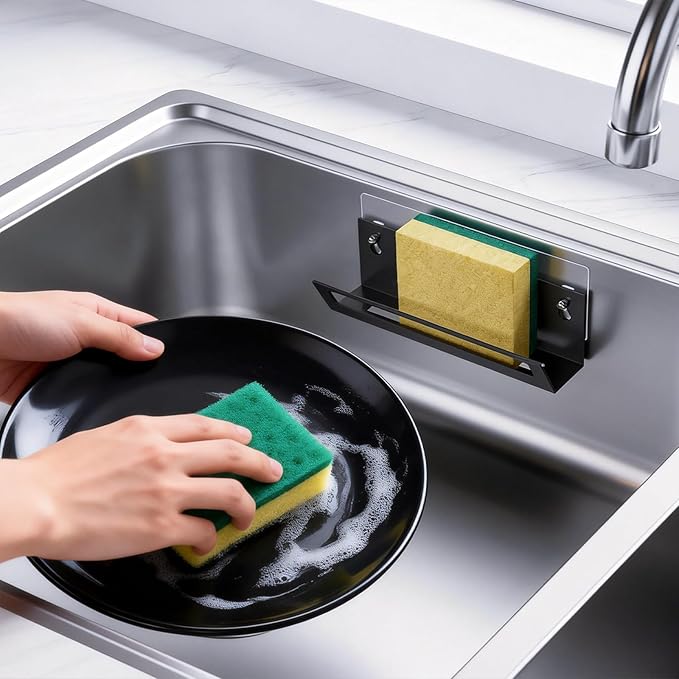 Sponge Holder for Kitchen Sink with Suction Cups & Adhesive Hook, Rustproof In-Sink Sponge Holder, Space-Saving Wall Hanging Sink Caddy Organizer Rack - Sponge, Dish Cloth, Brush - Stainless Steel