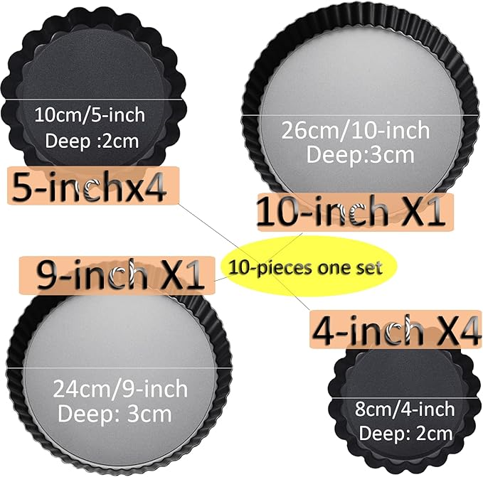 Tart Pan Set, 10 & 9 Inch Tart Pans with 5 & 4 Inch Mini Tart Pans Removable Bottom, Quiche Pan Carbon Steel Heavy Duty Nonstick Pie Pan- Fluted Edges for Baking Fruit Tartets, Pastries