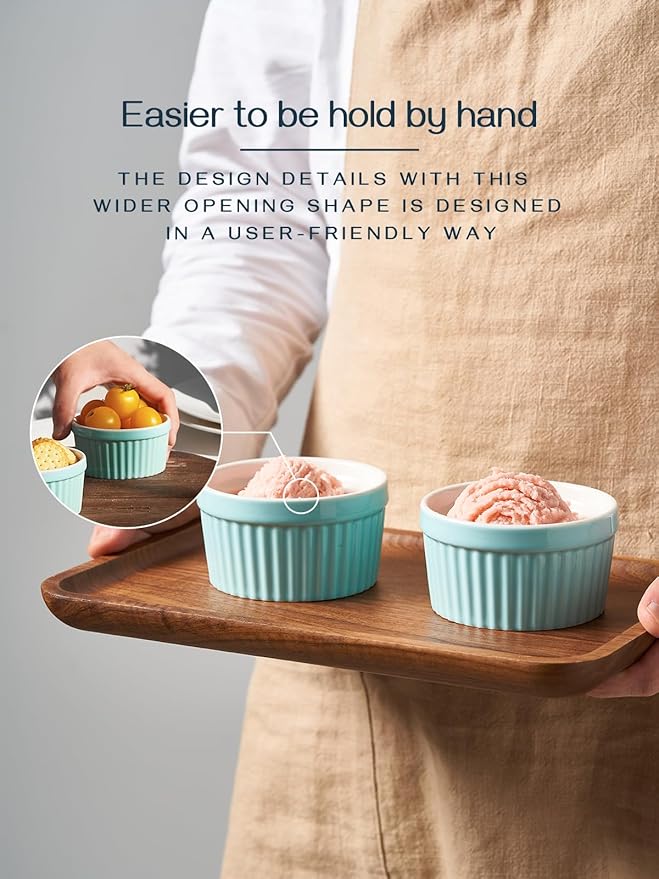 DOWAN Ramekins 6 oz Oven Safe - 6 oz Ramekins for Creme Brulee Souffle, Porcelain Ramekins for Baking, Classic Style Ramekins Bowls, Set of 6, Blue