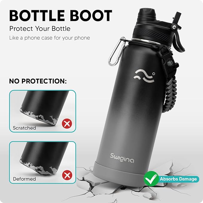 Swigina [2-IN-1 LID] Insulated Water Bottle with Silicone Boot (36hrs Cold/18hrs Hot) - DIY Stickers, Leakproof, BPA Free, 40 oz