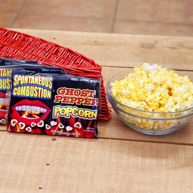 Spontaneous Combustion Ghost Pepper Microwave Popcorn Bags - 6 Pack - Ultimate Spicy Gourmet Popcorn - Perfect Hot Movie Theater Popcorn for Home - Try if you dare!