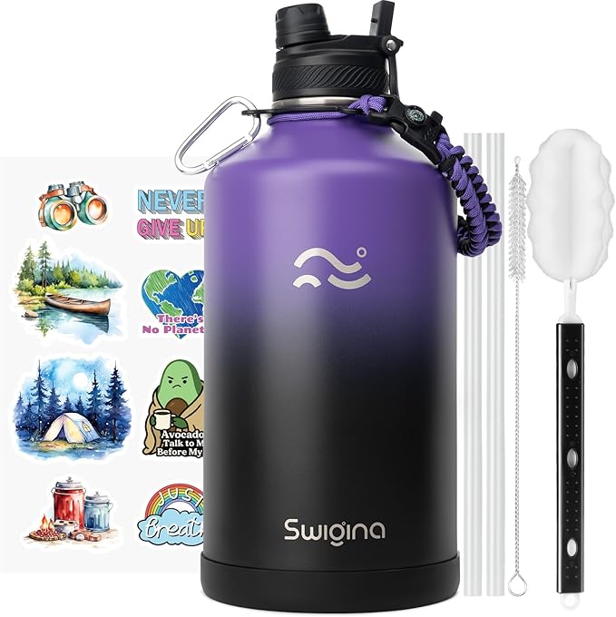 Swigina [2-IN-1 LID] Gallon Insulated Water Bottle with Silicone Boot (48hrs Cold/24hrs Hot) - DIY Stickers, Leakproof, BPA Free, 128 oz