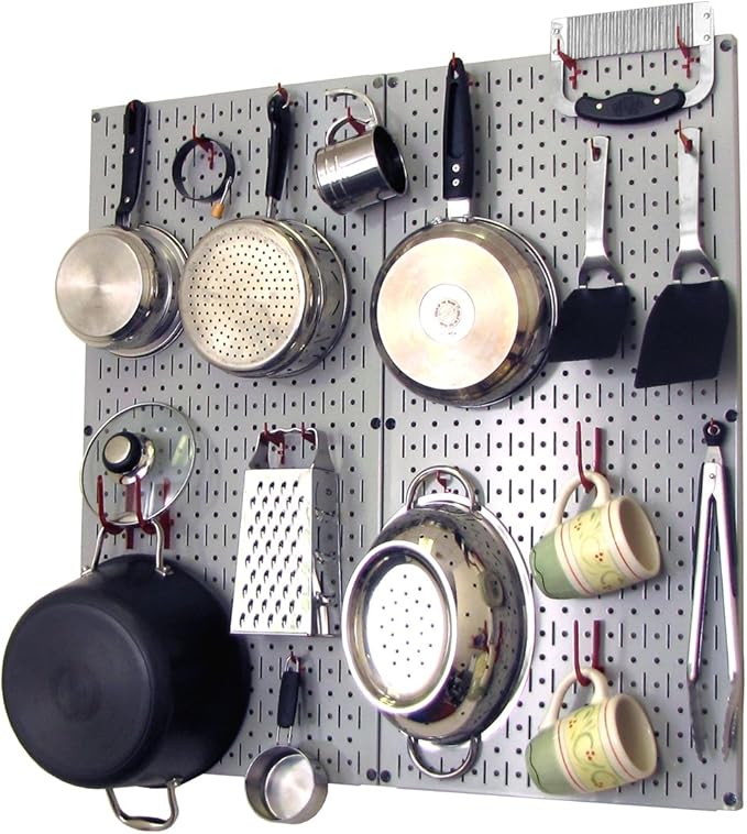 Wall Control Kitchen Pegboard Organizer Pots and Pans Storage Rack Organization Kit with Grey Pegboard and Red Accessories