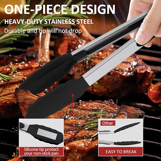 9 Pieces Silicone Tongs for Cooking 7,9,12 inches Kitchen Tongs with Silicone Tip Stainless Steel Heat Resistant Cooking Tongs for Food Grill Salad BBQ Frying and Serving, Black