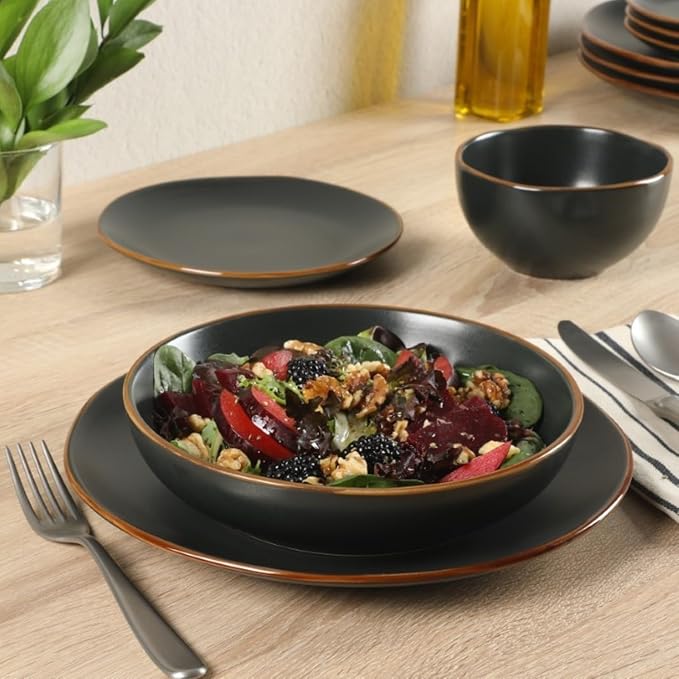 Gibson Home Hazeltine 16-Piece Black Stoneware Dinnerware Set – Plates and Bowls, Durable Ceramic Kitchen Dinner Set
