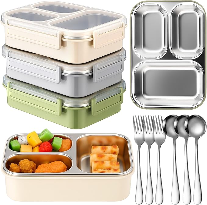 3 Pack Stainless Steel Lunch Box for Kids 25oz 3 Compartment Leak-proof Metal Bento Box with Lid Fork Spoon Meal Prep Snack Container for Adults Office Outdoor Gym, Dishwasher Safe