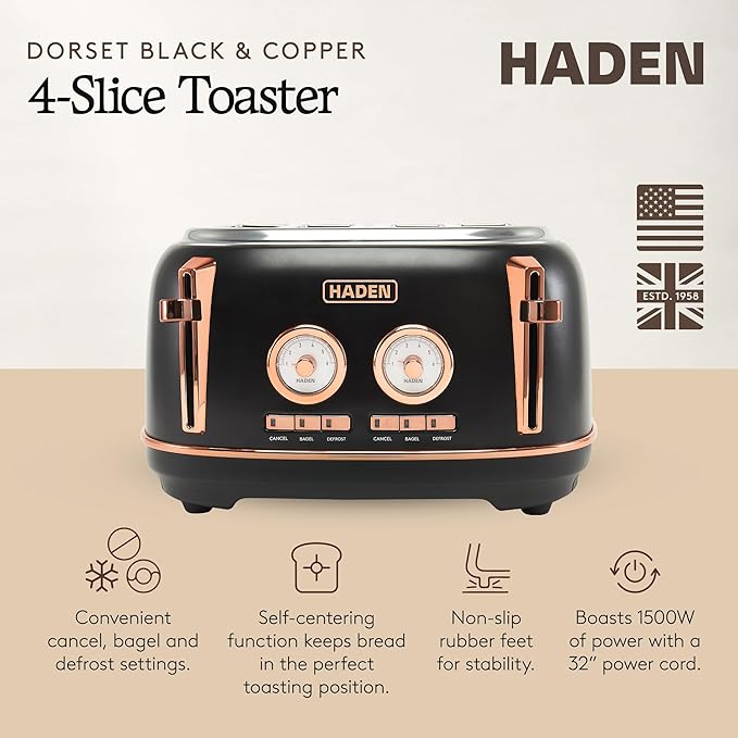 Haden Dorset 4 Slice Wide Slot Stainless Steel Toaster with Adjustable Browning Control & Non-Slip Feet, Black & Copper
