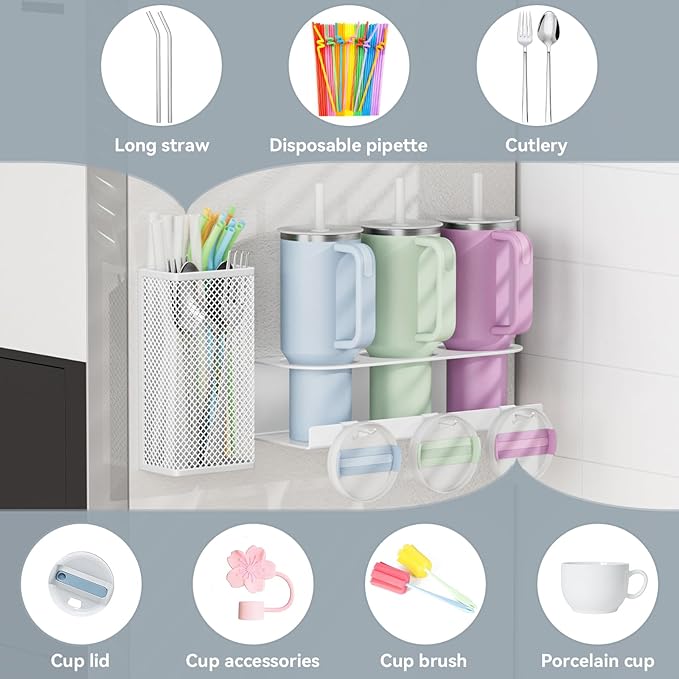 Magnetic Cup Holder For Stanley 20/30/40oz - 2 Pack Tumbler Organizer for Stanley - Water Bottle Organizer for Fridge with Straw Basket & 6 Hooks for Tumbler Cup Lids Accessories Organization White