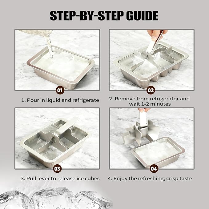 Stainless Steel Ice Cube Trays with Lever - 6 Large Cube Mold for Whiskey & Cocktails, Professional Heavy Duty Metal Freezer Tray, Non-Toxic & Easy Release for Kitchen & Bar Use