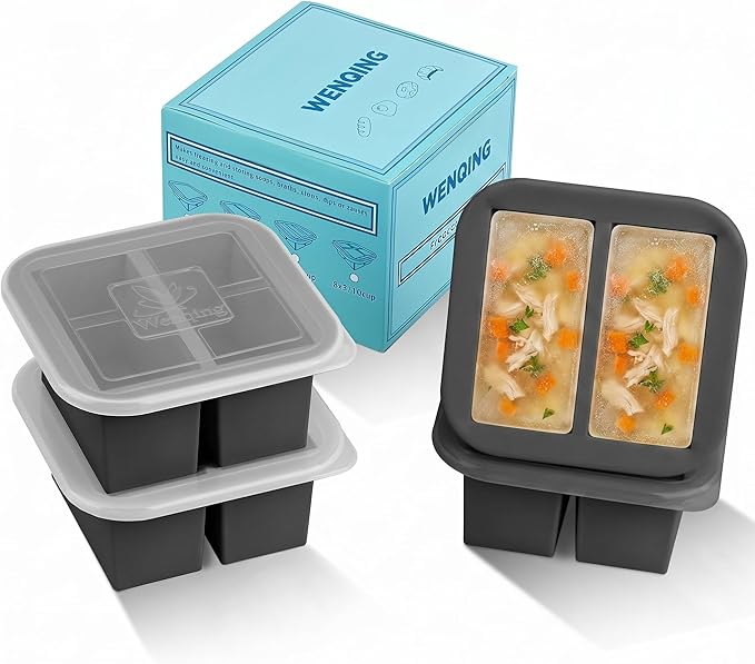 Silicone Freezer Tray with Lid 4 Pack Silicone Freezer Molds Ice Cube Tray Makes 8 Perfect 1 Cup Portions Soup Cubes Meal Prep Containers- Oven & Dishwasher Safe