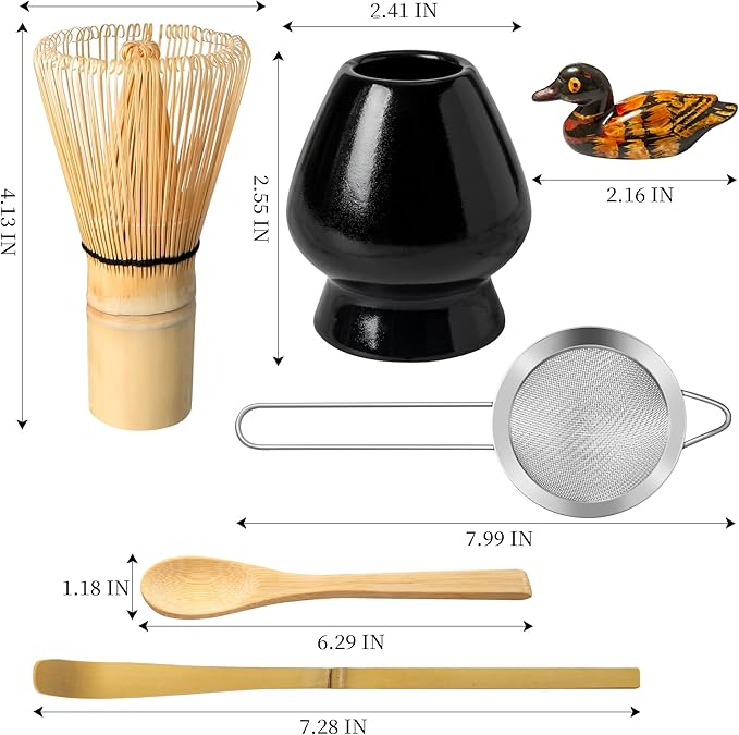 Matcha Whisk Set, Matcha Making Kit Whisk (Chasen Holder), Ceramic Whisk Holder (Black), Bamboo Scoop, Powder Starter Sifter, Spoon Japanese Tea Tools For Ceremony Gift