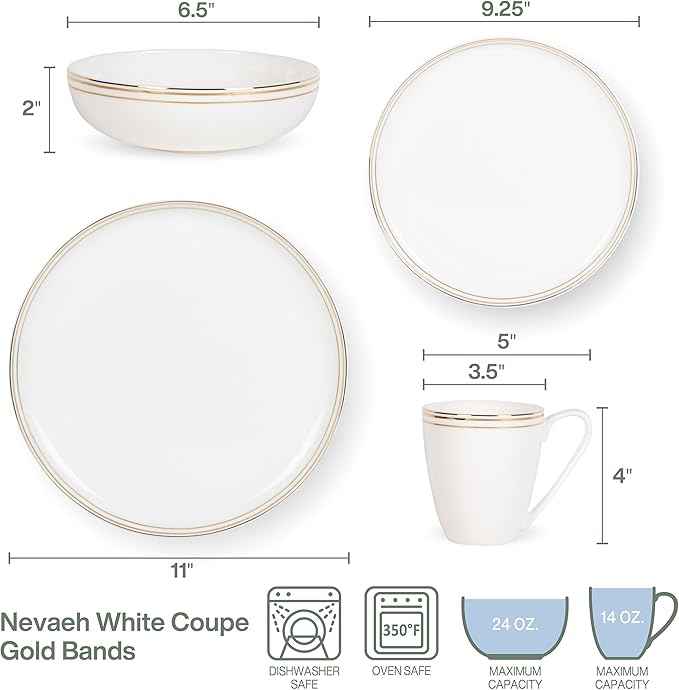 Everyday White by Fitz and Floyd Nevaeh Bone China Coupe Gold Bands Dinnerware Set, Service for 4