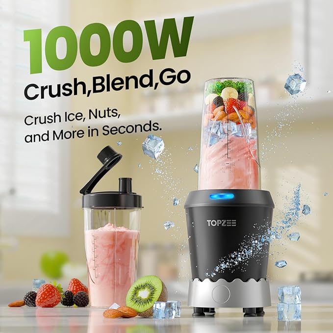 TOPZEE Personal Smoothie Blender, 1000W Single-Serve Blender with 24oz To-Go Cup, Twist-On Start/Stop, for Protein Shakes & Smoothies, Compact Countertop Blender, Black