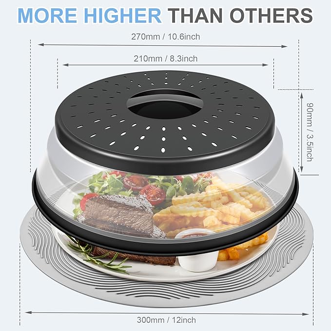 LekDrok Microwave Food Cover with Mat 12 Inch, Mat as Bowl Holder, Cover for Splatter Guard, Collapsible Lid for Plate Dish, Multi-Purpose Silicone Mat & Kitchen Colander Gadget for Meal Prep,Charcoal