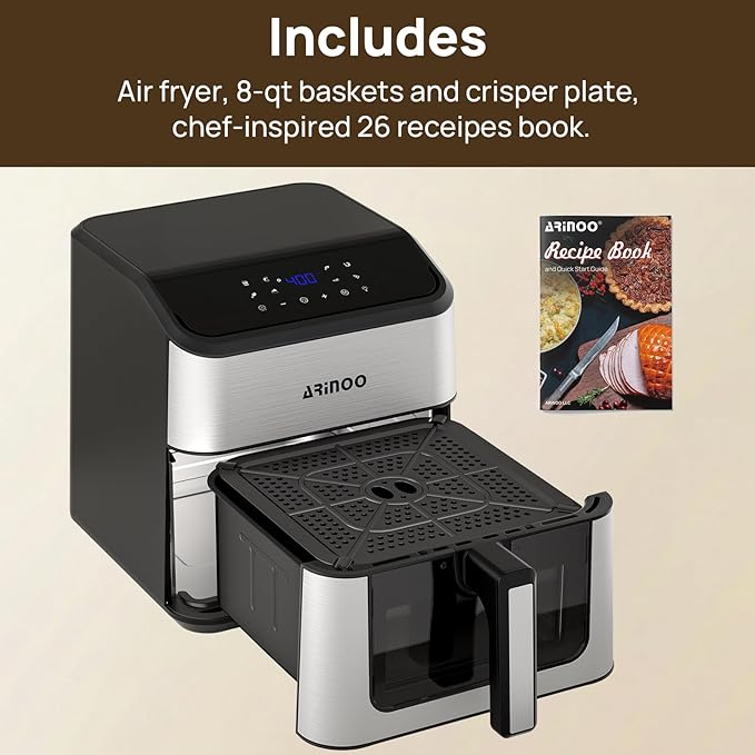 Air Fryer Pro 8 Qt, 8-in-1 Air Fryer with Viewing Window, 360° Rapid Air, 1500W, 80% Less Oil, Nonstick Dishwasher-Safe Basket, PFAS & Teflon-Free, 400°F, Recipe Book, Black