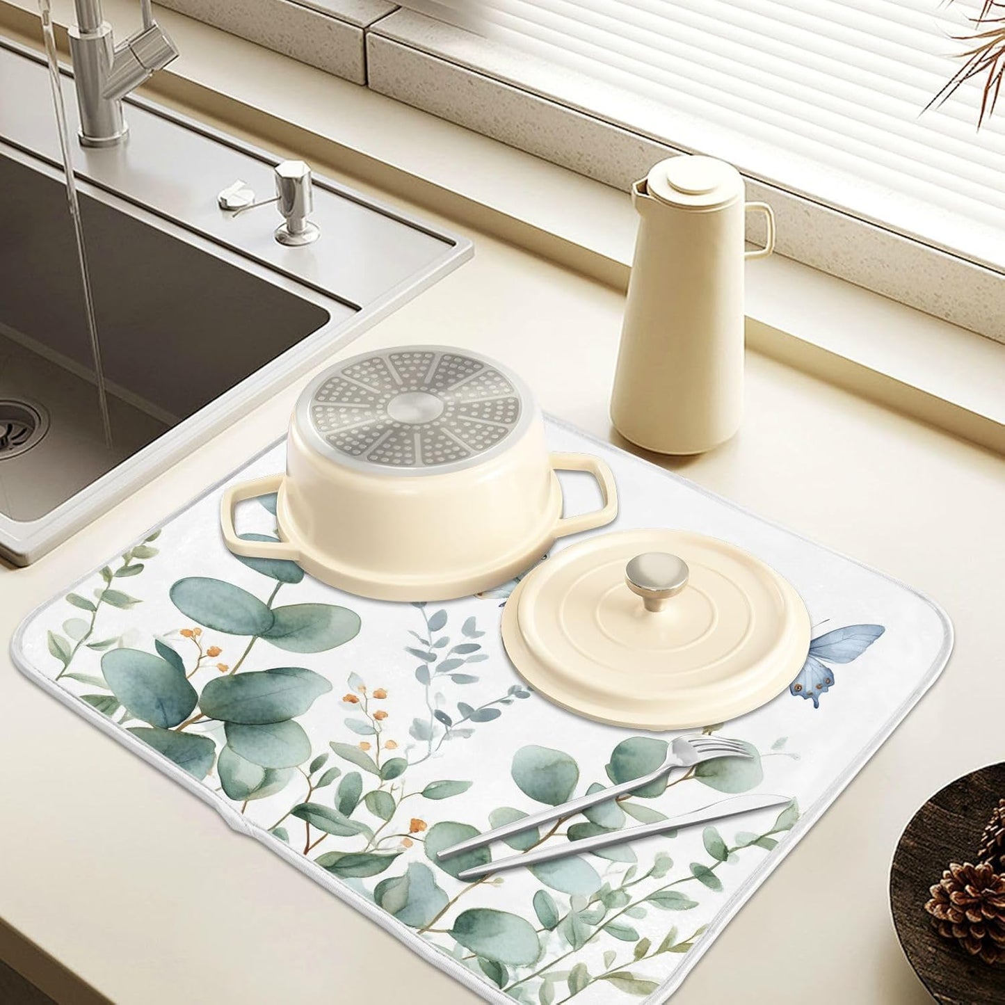 Spring Eucalyptus Green Leaf Dish Drying Mat for Kitchen Counter Absorbent Microfiber Large Drying Pad Dish mats for Kitchen Countertops 18 x 24 Inch