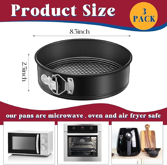 Pickmesh 3 Pcs 8.5 Inch Round Springform Pan Set, Nonstick Cheesecake Pan with Removable Bottom, 150 Pcs Parchment Paper Liners, Leakproof Cake Mold for Baking Black