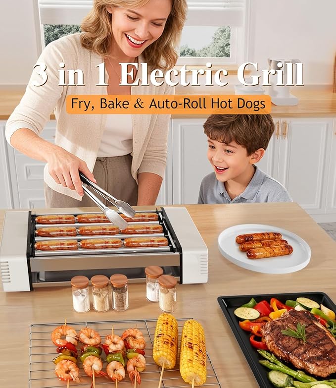 3-in-1 Electric Grill with Hot Dog Roller, Portable Indoor Outdoor BBQ Grill, Griddle and Sausage Roller Machine with Removable Non-Stick Plate & Drip Tray, for Tailgate, Camping, RV, Home Kitchen