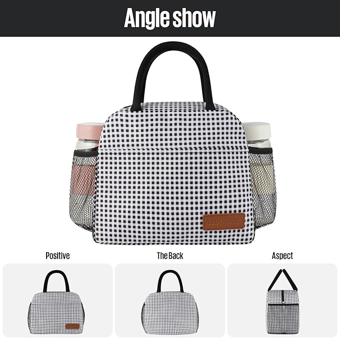 douyadady Lunch Bag Women/Men Lunch Box Women/Men (Black+White Grid)