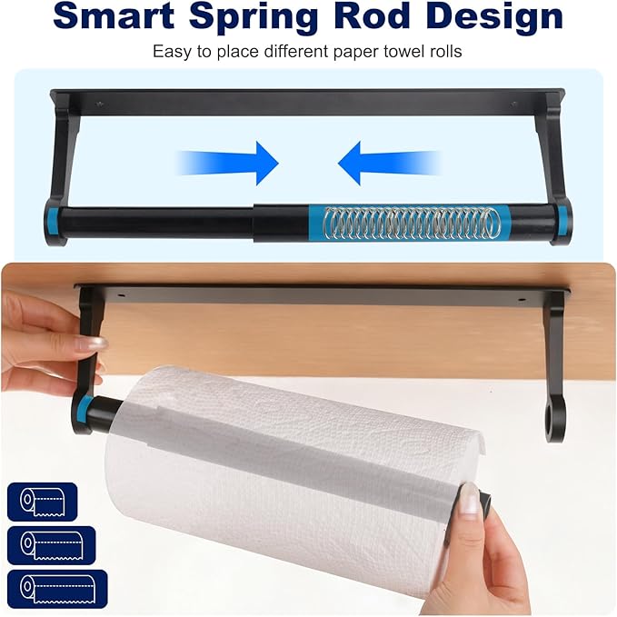 Black Paper Towel Holder Under Cabinet, Adhesive Paper Towel Holder Wall Mount Toilet Roll Holders Rack for Kitchen Bathroom Garage Counter, Anti-Drop Upgraded Telescopic Rod Design Roll