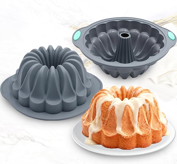 Tongjude 4 Pieces Silicone Fluted Tube Cake Pans, 10 Cups Tube Baking Pan, Jello Mold, Silicone Molds for Homemade Cake, Bread and Jello, Non-Stick, Grey