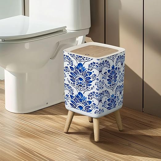 Small Trash Can with Lid porcelain seamless pattern Floral ornament watercolor blue white Wastebasket with Press Cover Dog Proof Garbage Can Waste Bin for Kitchen Bathroom Nursery 2.6 Gallon