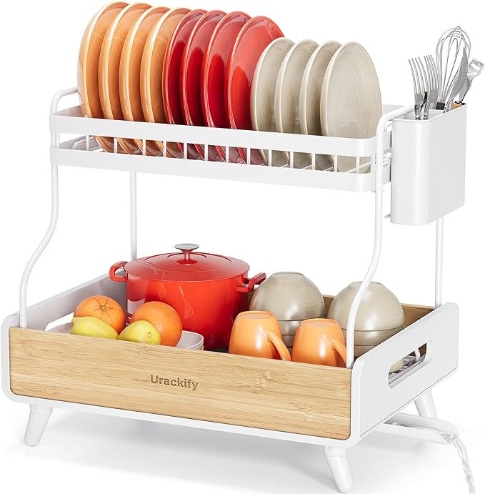 Urackify 2-Tier Dish Drying Rack, Large Stainless Steel & Bamboo Dish Rack for Kitchen Counter, Dish Drainers with Adjustable Automatic Spout, Drying Rack Kitchen with Utensil Holder, White