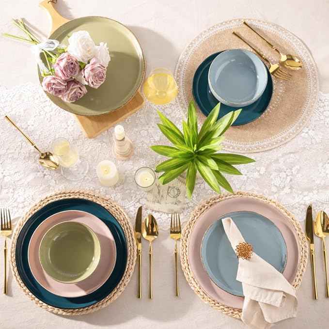 AmorArc Ceramic Dinnerware Sets for 4, 12 Pieces Handpainted Plates and Bowls Set with Rustic Terracotta Underside, Scratch Resistant Stoneware Dishes Set, Dishwasher & Microwave Safe, Multi-Color