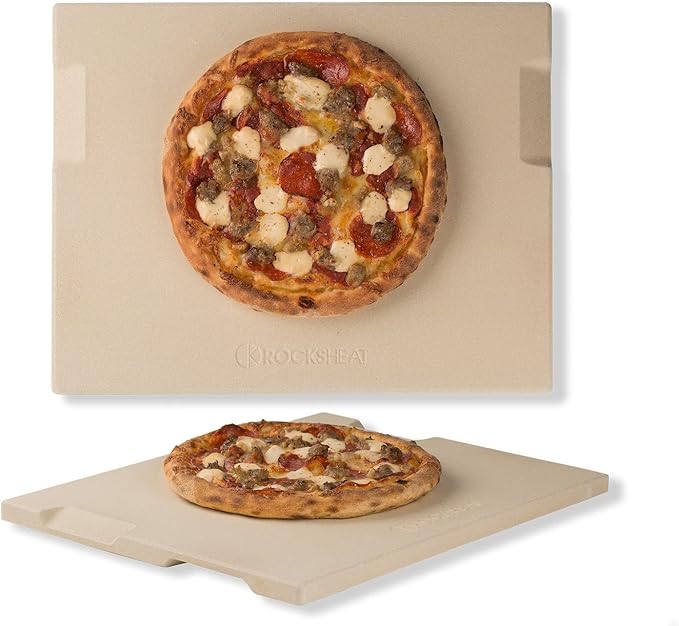 Pizza Stone for Oven and Grill, 15x12 Inch Cordierite Baking Stone with 4 Built-in Handles, 7.4lbs Heavy Duty Thermal Shock Resistant for Crispy Crust Pizza Bread Cookies BBQ