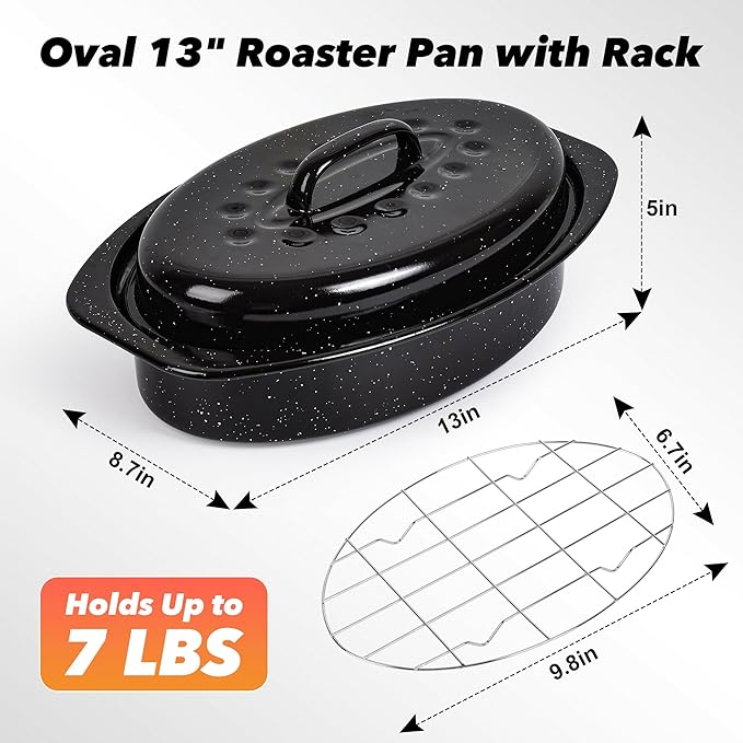 13” Roaster Pan with Lid and Rack, Small Enamel Roaster Pan with Oval Roasting Rack, Granite Baking Pot for Chicken Turkey Lamb, Heat Resistant, Oven/Dishwasher/All Stovestops Compatible