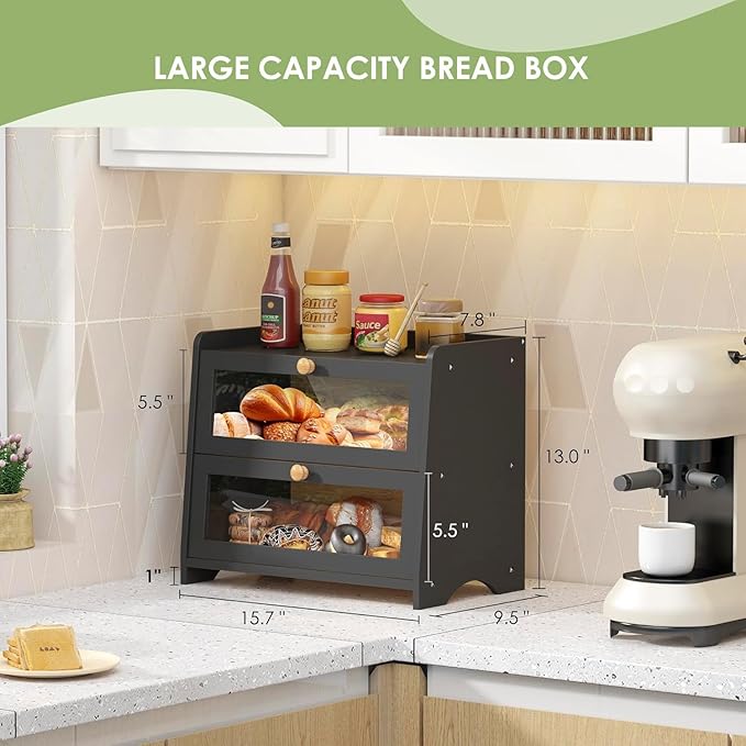 JANSNIMEN Double Layer Bread Box for Kitchen Countertop, Large Breadbox Bread Container Storage with Acrylic Door, Wooden Farmhouse Bread Holder (Black, Medim-15.7" L x 9.5" W x 13" H)
