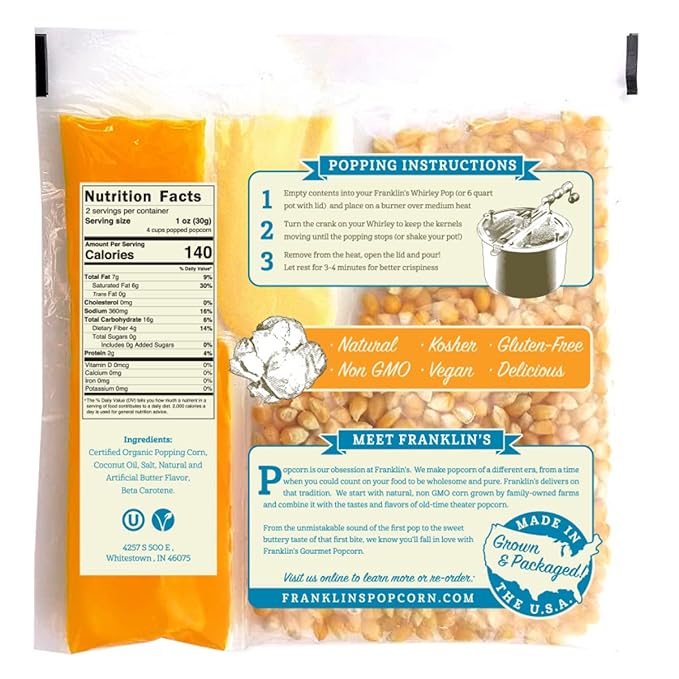 Franklin’s Gourmet Popcorn All-In-One Pre-Measured Packs - 4oz. Pack of 10 - Butter Flavored Coconut Oil + Butter Salt Popcorn Seasoning + Organic Corn - Authentic Movie Theater Taste – Made in USA