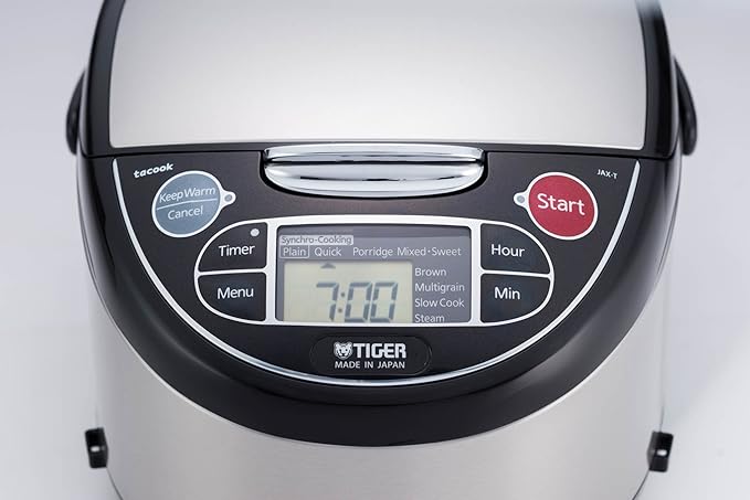 TIGER JAX-T10U-K 5.5-Cup (Uncooked) Micom Rice Cooker and Warmer with Tacook Food Steamer Cooking Tray Technology and 10 Auto-Cook Settings, Stainless Steel Black
