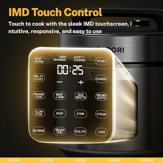 CARORI 9-in-1 Electric Pressure Cooker, 1000W Instant Multi-Cooker with IMD Touchscreen, Olla de Presion, Non-Stick Pot, Rice Cook, Slow Cook, Steamer, Sauté, Warmer, Safe Venting, Silver 8 Qt