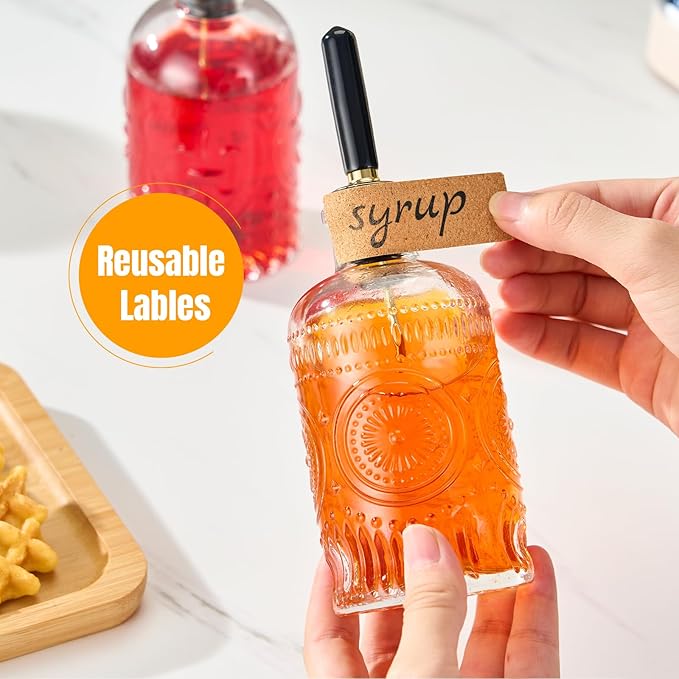 2pcs Glass Coffee Syrup Dispenser Bottles 7 OZ, Simple Syrup Bottles with Metal Pour Spout, Syrup Dispenser for Coffee Bar Accessories for Maple Honey Syrup Oil and Sauces