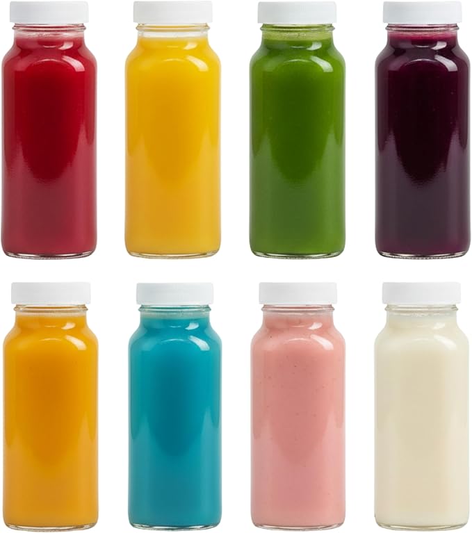 kitchentoolz 8oz Square Glass Juice Shot Bottle with Lid – 8 Pack 8 oz Milk Glass Bottles with Lids for Lunch Box, Airtight Reusable Drinking Jars for Smoothies, Yogurt, Kefir, Juice & Water