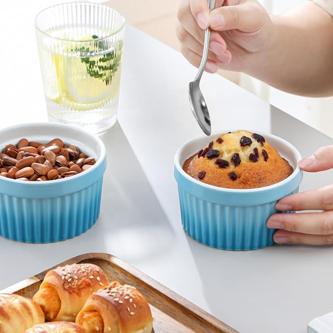 vancasso 8 oz Ramekins with Lid, Porcelain Creme Brulee Souffle Dishes, Blue Pudding Custard Cups Ramiken for Baking, Dishwasher and Oven Safe, Set of 6