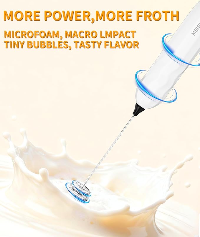 MEIRUBY 2-Pack Milk Frother Handheld with Stand, Valentines Day Gifts for Him and Her, Powerful Electric Coffee Frother, Coffee Lover Gift for Lattes, Cappuccino, Matcha & Hot Chocolate, Black/White