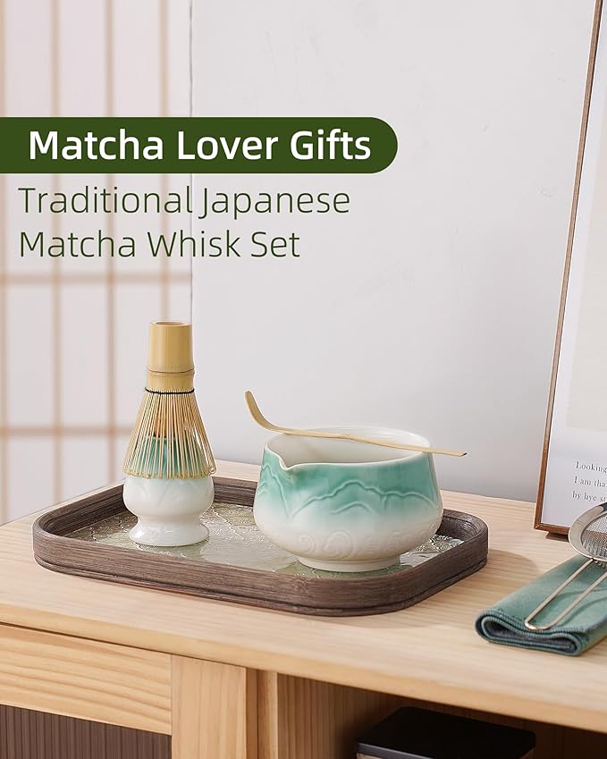 ZENS Matcha Whisk Set, 5pcs Matcha Kit Set Includes Ceramic Bowl, Bamboo Whisk and Chasen Holder, Scoop & Tea Mat for Matcha Ceremony, Blue
