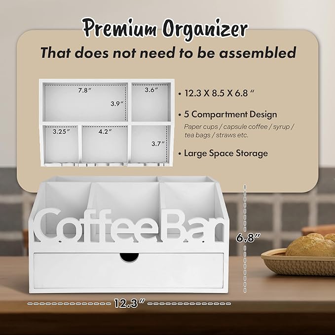 Coffee Bar Organizer for Countertop – Wooden Coffee Station with Drawer, Tea and K Cup Storage Condiment Rack, Coffee Pod Holder for Home and Office Organization (Drawer - White)